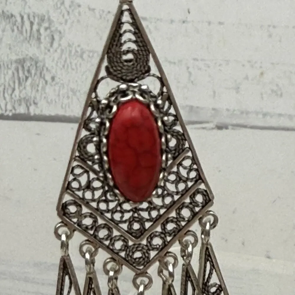 DGS Turkey 925 Sterling Silver Filigree Carnelian Dangle Earrings 16.4 grams